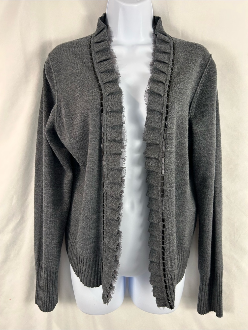 Banana Republic Merino Wool Ruffle Open Front Cardigan Gray Large